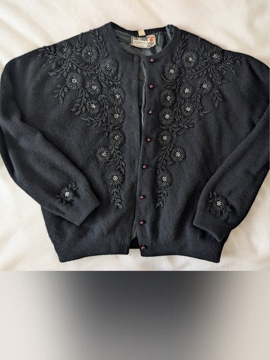 Sweaters - Vintage Wool Black Beaded Floral Embroidered Cardigan